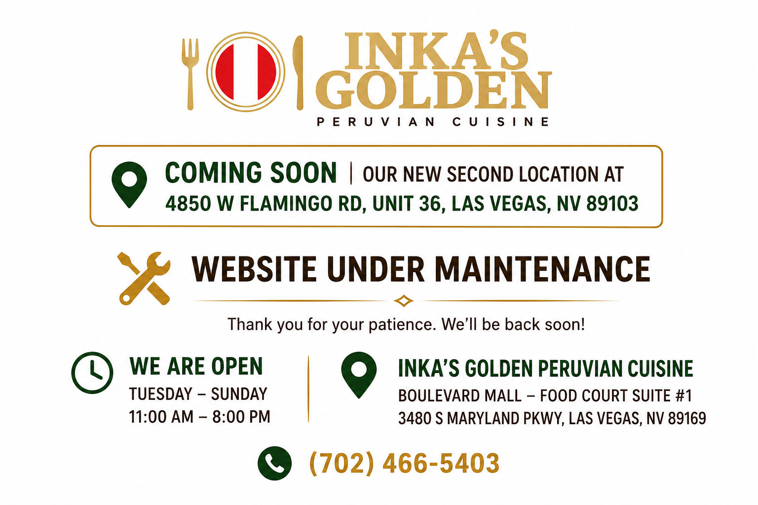 Inka's Golden Peruvian Cuisine - Website Under Maintenance