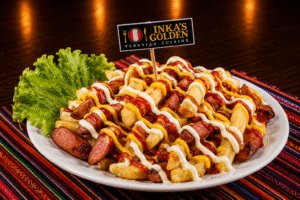Salchipapas - Peruvian French fries with sausages